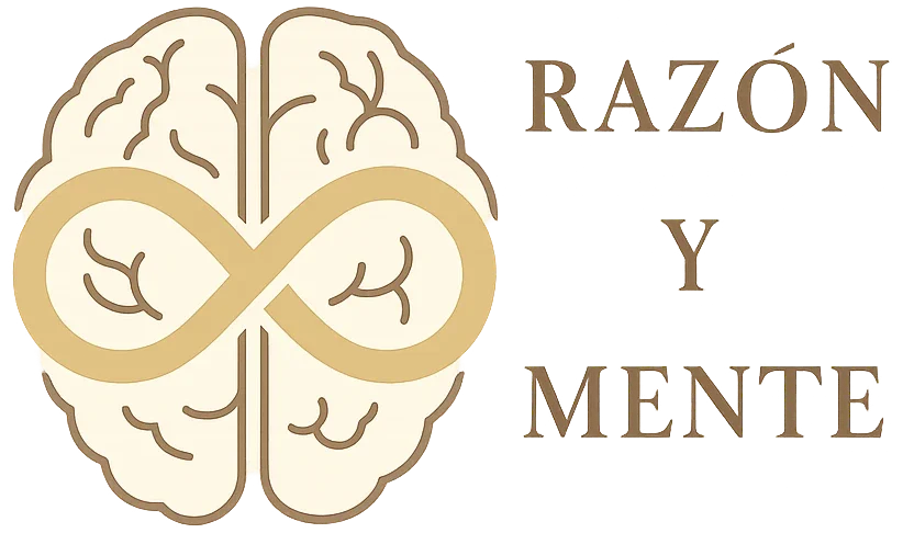 Logo de Razón y Mente: cerebro estilizado con símbolo de infinito en dorado, representando equilibrio mental y bienestar psicológico
